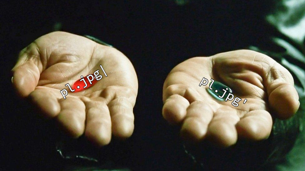 morpheus holding out two pills: the blue one says pl.jpg’ and the red one says pl.jpg|