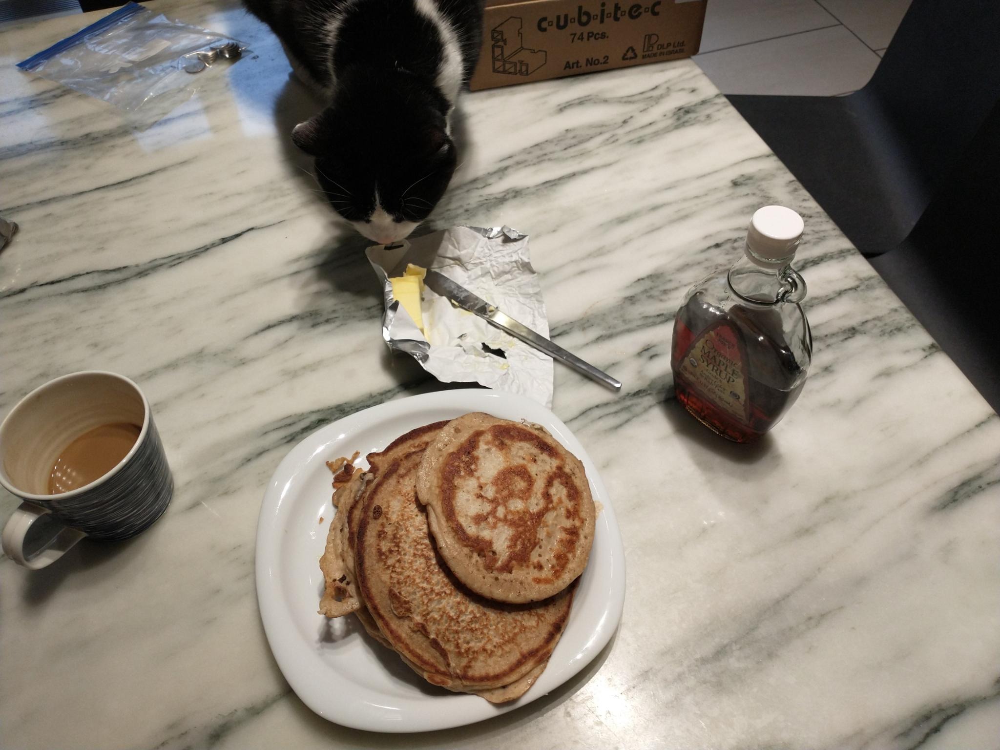 a cat trying to eat some pancakes. Classic radare2 developer behavior