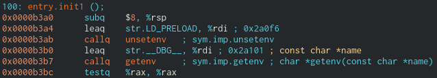 entry function unsets LD_PRELOAD and looks for DBG environment variable