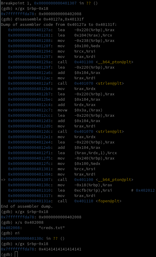 gdb stepping over the buffer overflow